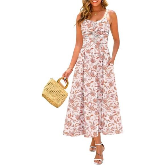 Women Ruched Maxi Dress Adjustable Spaghetti Strap Beige - Picture 1 of 6